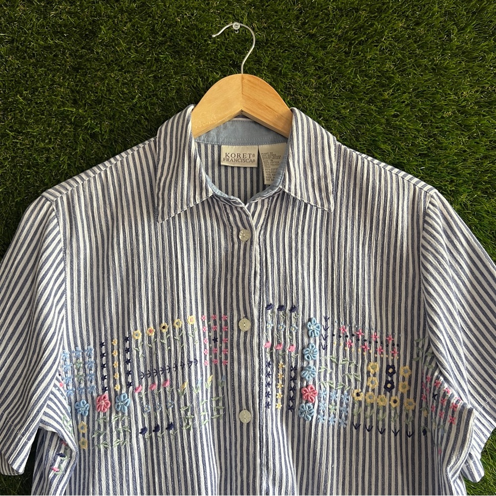 Vintage Embroidered Striped Short Sleeve Button Up Shirt - Picture 3 of 8